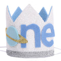 WAOUH First Birthday Crown - Outer Space Rocket and Planet Theme, Handmade Navy Blue Felt Hat with Silver Trim
