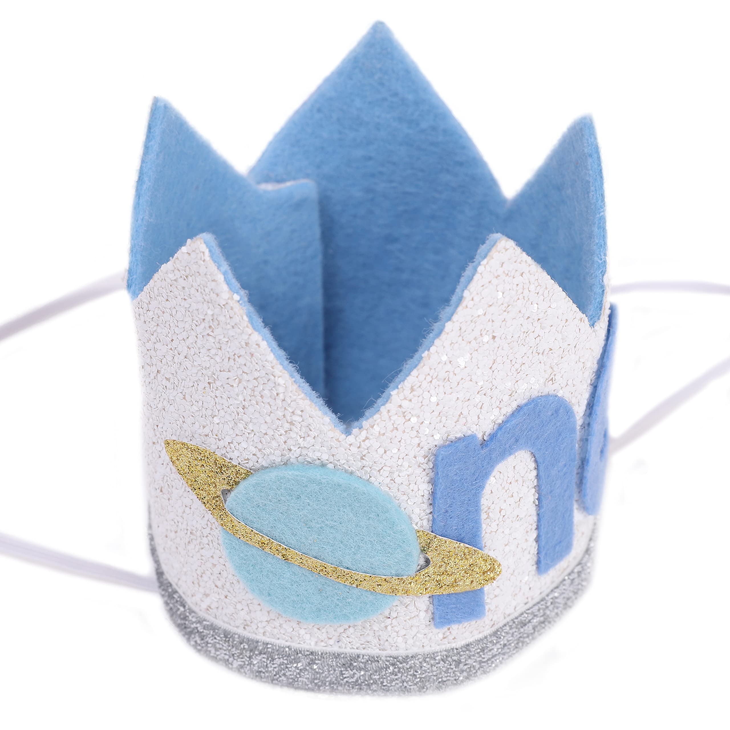WAOUH First Birthday Crown - Outer Space Rocket and Planet Theme, Handmade Navy Blue Felt Hat with Silver Trim