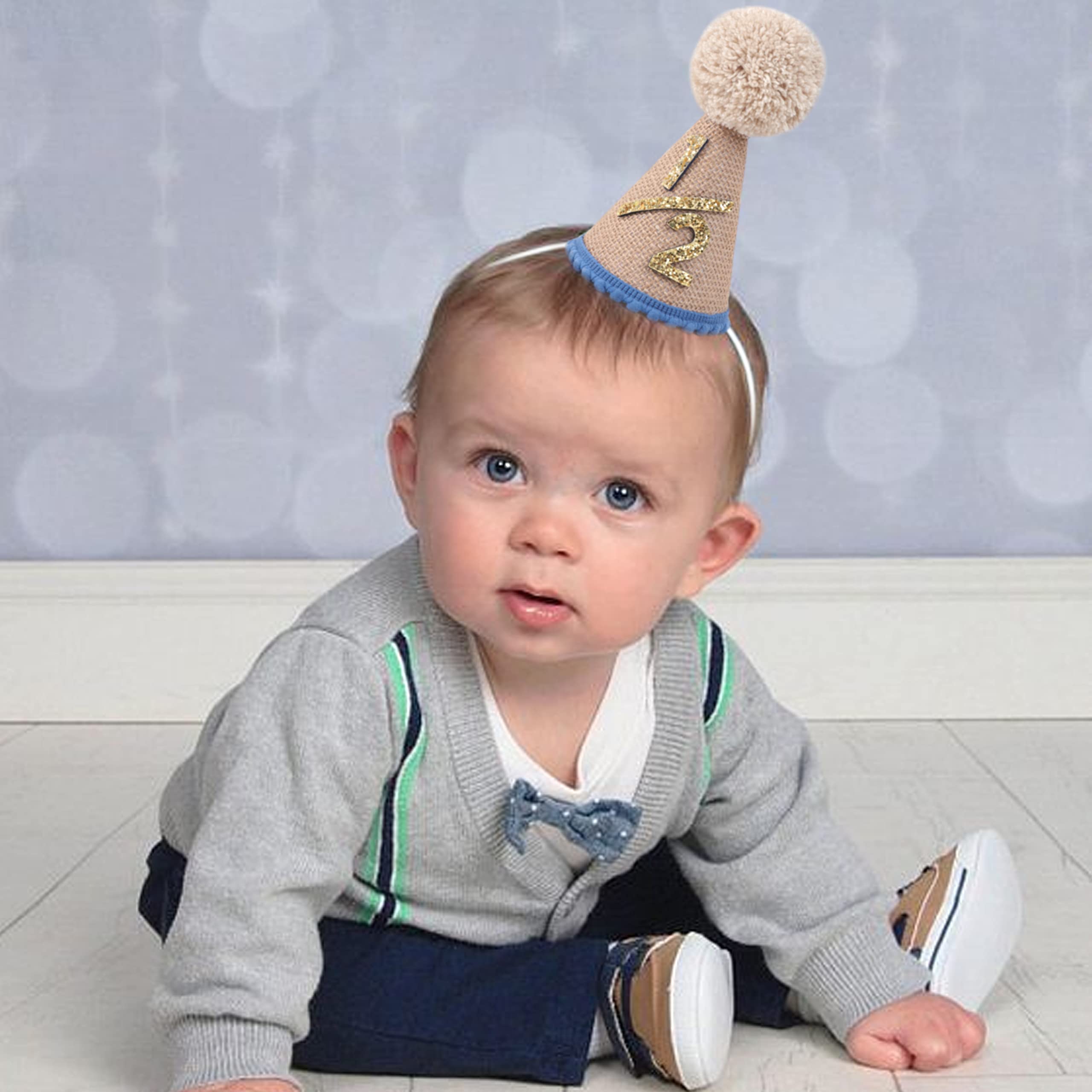 WAOUH Half Birthday Crown for 6-Month-Old Baby – Pale Gold Glitter & Royal Blue Felt Photo Prop