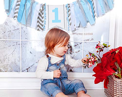WAOUH Light Blue 1st Birthday High Chair Banner – Handmade Linen & Flax Garland for First Birthday Party Decor