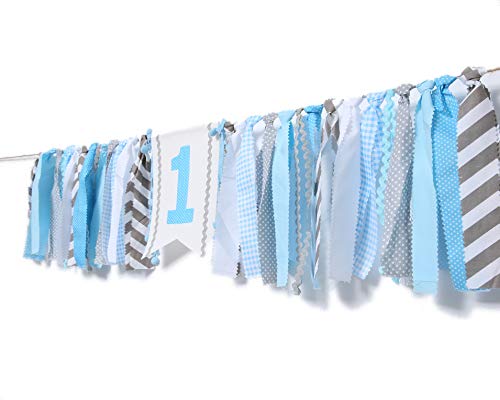 WAOUH Light Blue 1st Birthday High Chair Banner – Handmade Linen & Flax Garland for First Birthday Party Decor