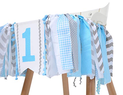 WAOUH Light Blue 1st Birthday High Chair Banner – Handmade Linen & Flax Garland for First Birthday Party Decor