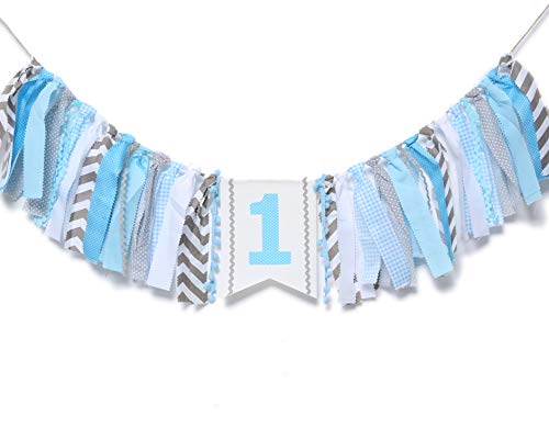WAOUH Light Blue 1st Birthday High Chair Banner – Handmade Linen & Flax Garland for First Birthday Party Decor