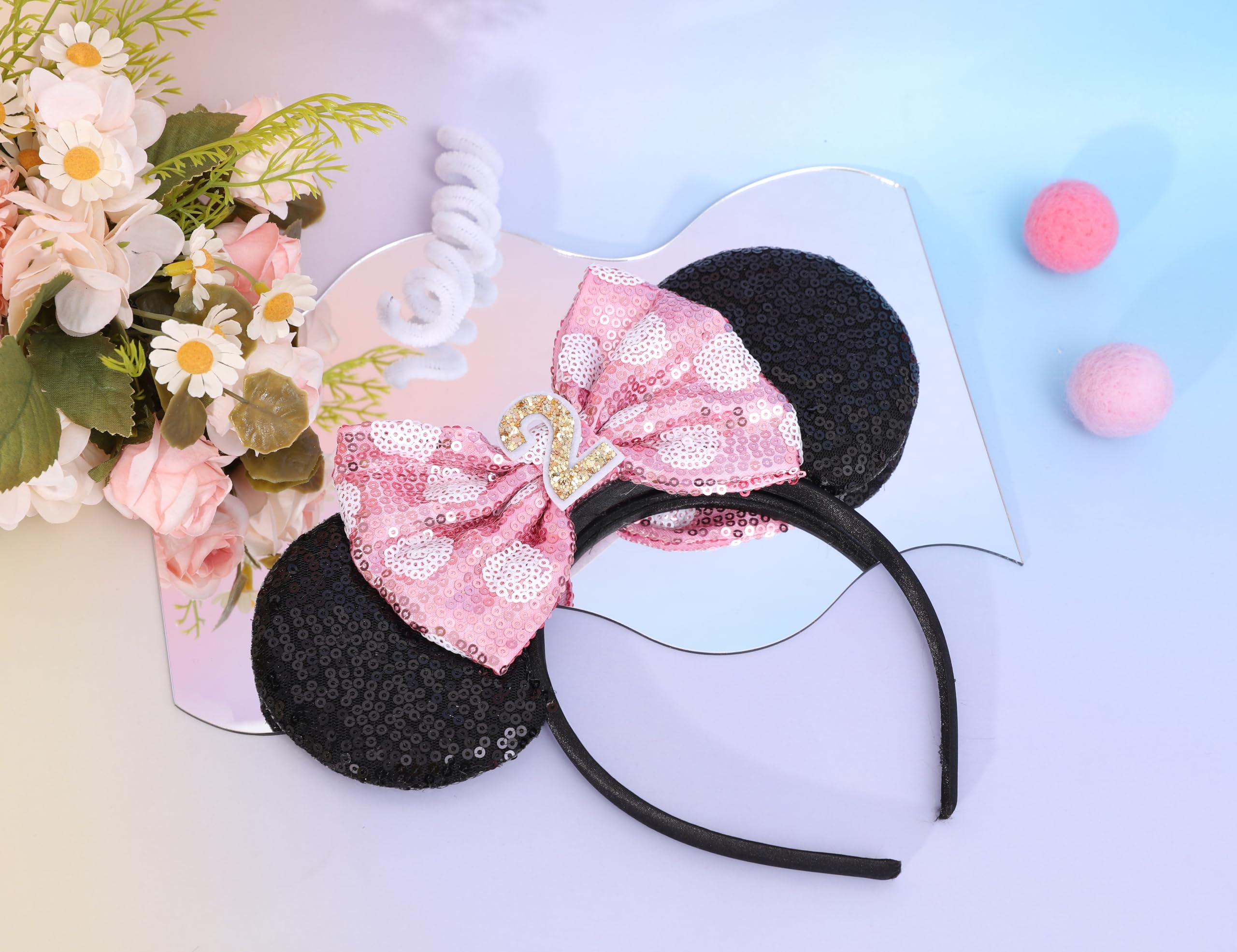 WAOUH Mouse Ears Headband with Mini Hat – 2nd Birthday Party Decorations for Girls