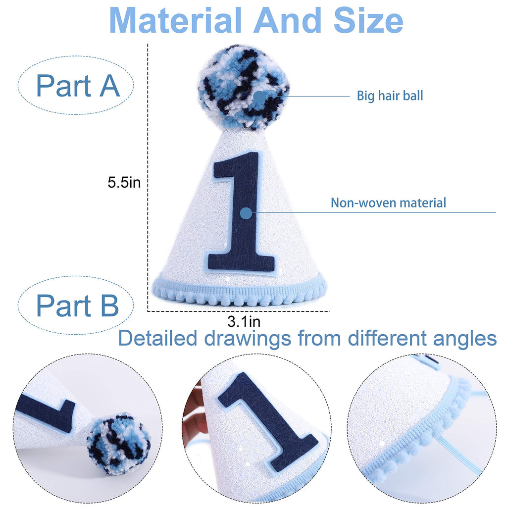 WAOUH Navy Blue Felt Cone Hat for Boy's 1st Birthday – Mini Crown Photo Prop with Elastic Band