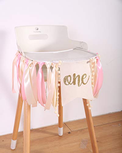 WAOUH Pink Linen Highchair Banner for Baby Girl's 1st Birthday - Cake Smash Photo Prop with Gold Accents