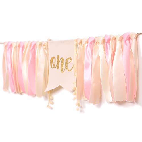 WAOUH Pink Linen Highchair Banner for Baby Girl's 1st Birthday - Cake Smash Photo Prop with Gold Accents