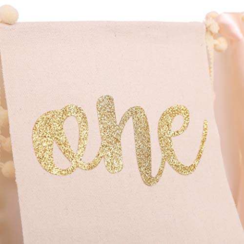 WAOUH Pink Linen Highchair Banner for Baby Girl's 1st Birthday - Cake Smash Photo Prop with Gold Accents