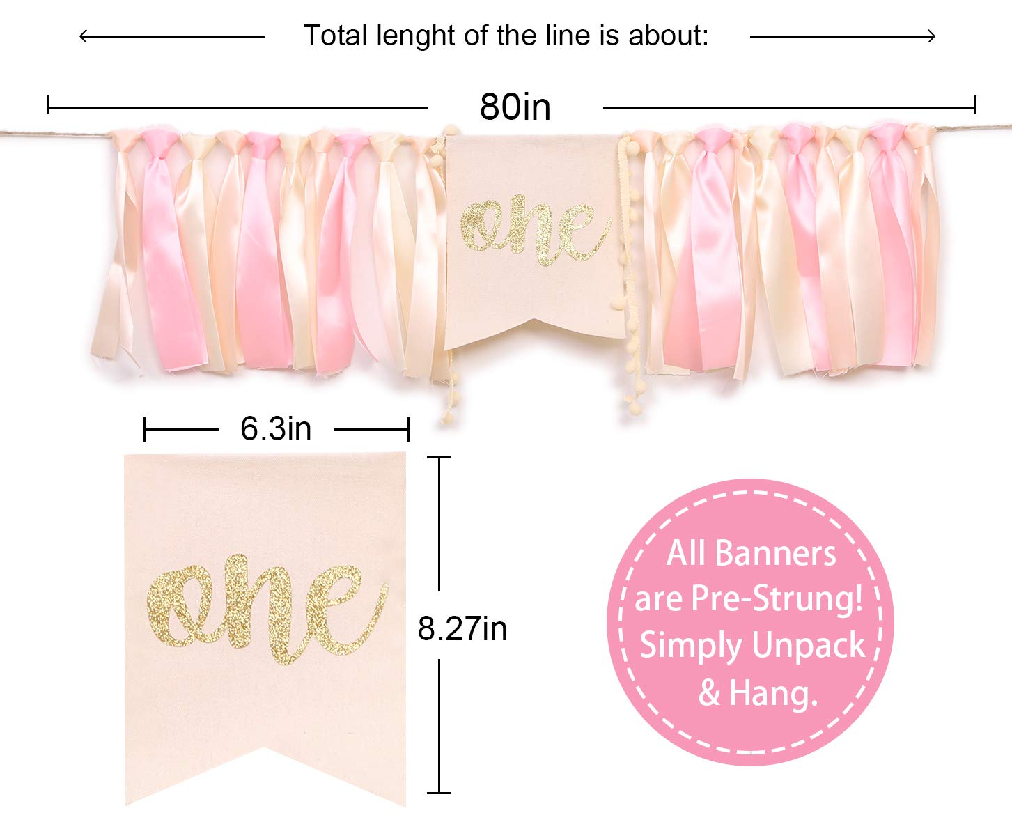 WAOUH Pink Linen Highchair Banner for Baby Girl's 1st Birthday - Cake Smash Photo Prop with Gold Accents