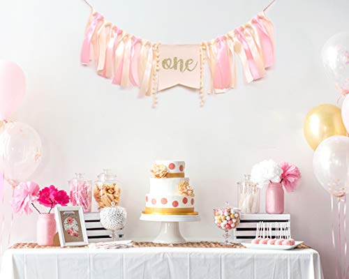 WAOUH Pink Linen Highchair Banner for Baby Girl's 1st Birthday - Cake Smash Photo Prop with Gold Accents