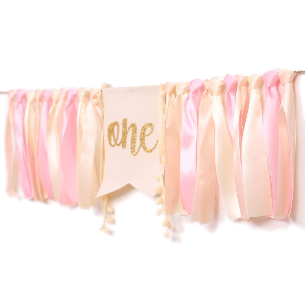 WAOUH Pink Linen Highchair Banner for Baby Girl's 1st Birthday - Cake Smash Photo Prop with Gold Accents