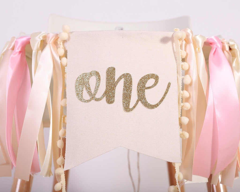 WAOUH Pink Linen Highchair Banner for Baby Girl's 1st Birthday - Cake Smash Photo Prop with Gold Accents