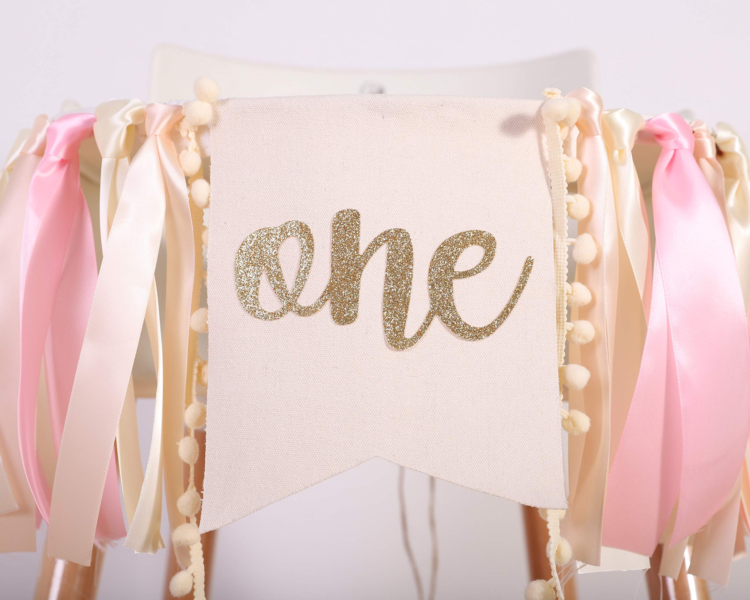 WAOUH Pink Linen Highchair Banner for Baby Girl's 1st Birthday - Cake Smash Photo Prop with Gold Accents