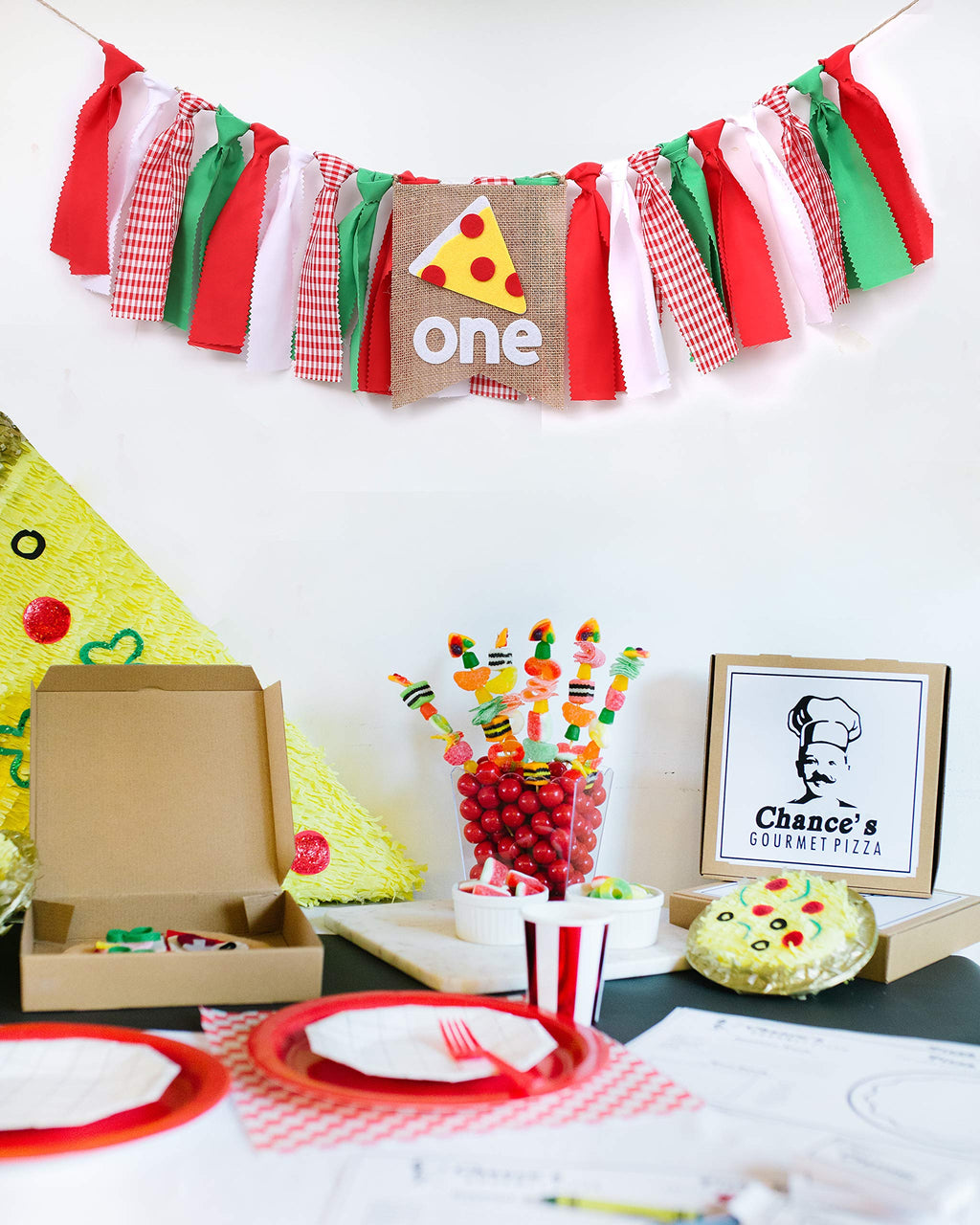 WAOUH Pizza-Themed First Birthday Highchair Banner – 80-Inch Fabric Rag Garland for Cake Smash Photoshoot