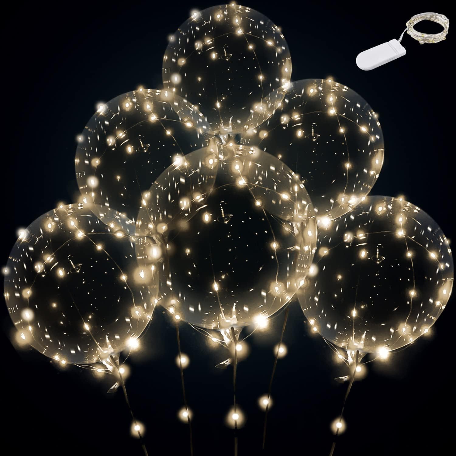 Warm White LED Balloon Set with String Lights - 10 Clear PVC Balloons & 6 Battery-Powered Lights for Parties