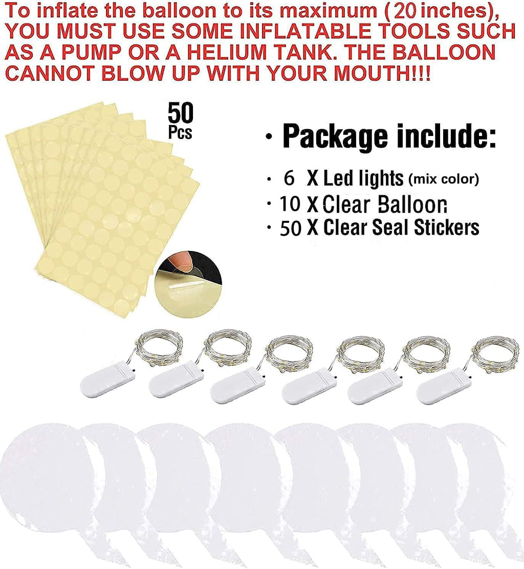 Warm White LED Balloon Set with String Lights - 10 Clear PVC Balloons & 6 Battery-Powered Lights for Parties
