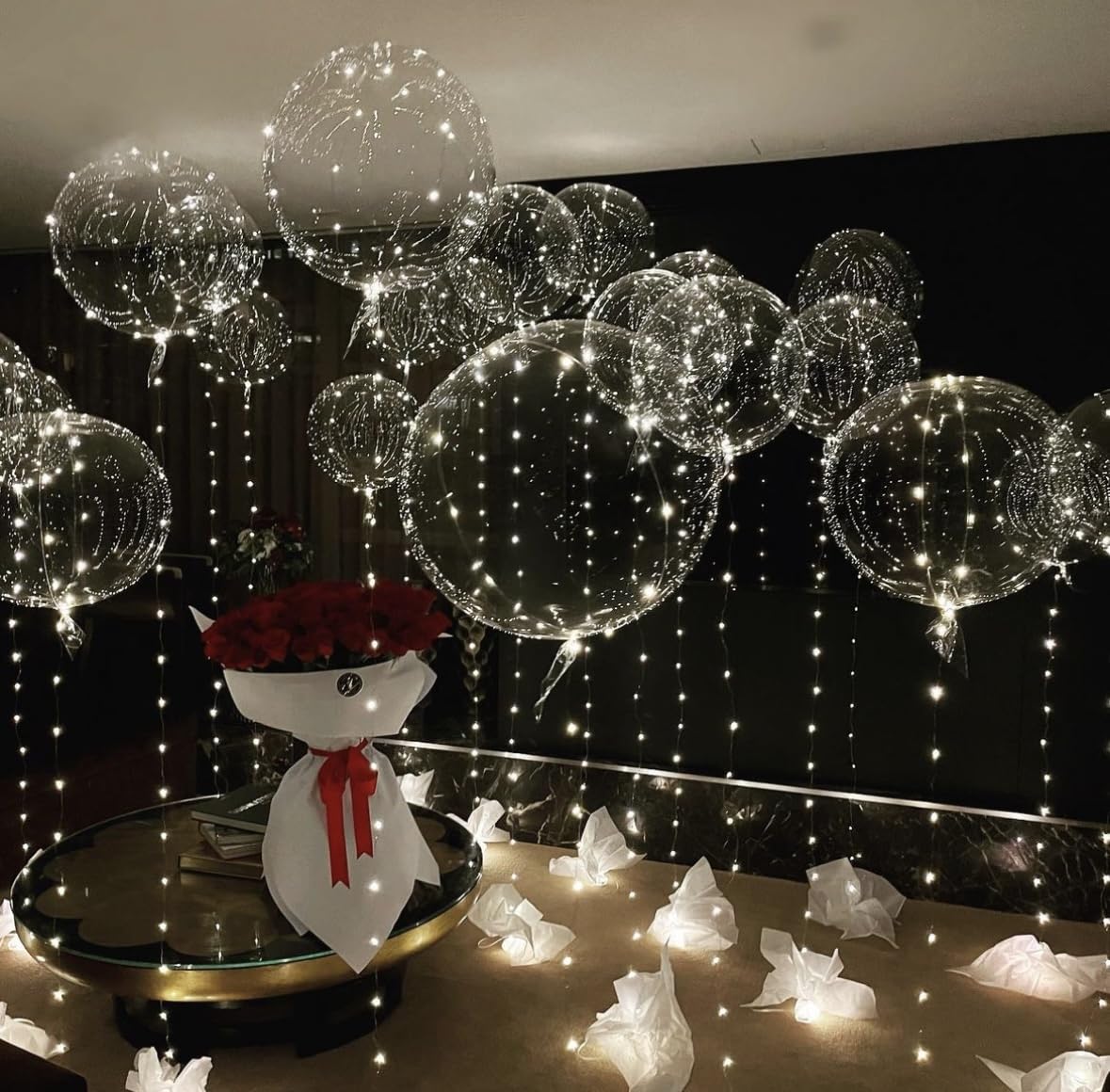 Warm White LED Balloon Set with String Lights - 10 Clear PVC Balloons & 6 Battery-Powered Lights for Parties