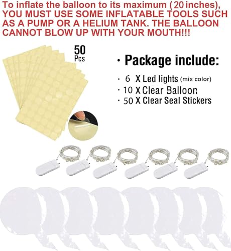 Warm White LED Balloon Set with String Lights - 10 Clear PVC Balloons & 6 Battery-Powered Lights for Parties
