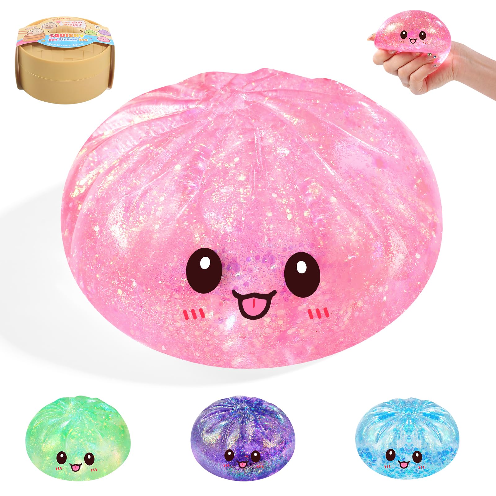 WASENLO Sugar Dumpling Squishy - Rare Style Mystery Box, Heavy 251g Crystal Glitter Bao Bun Fidget Toy (Pink)