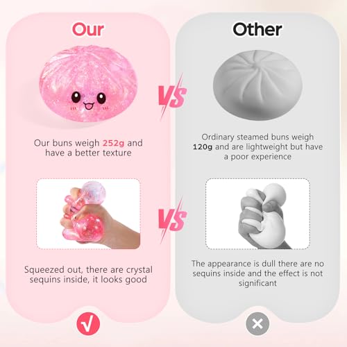 WASENLO Sugar Dumpling Squishy - Rare Style Mystery Box, Heavy 251g Crystal Glitter Bao Bun Fidget Toy (Pink)
