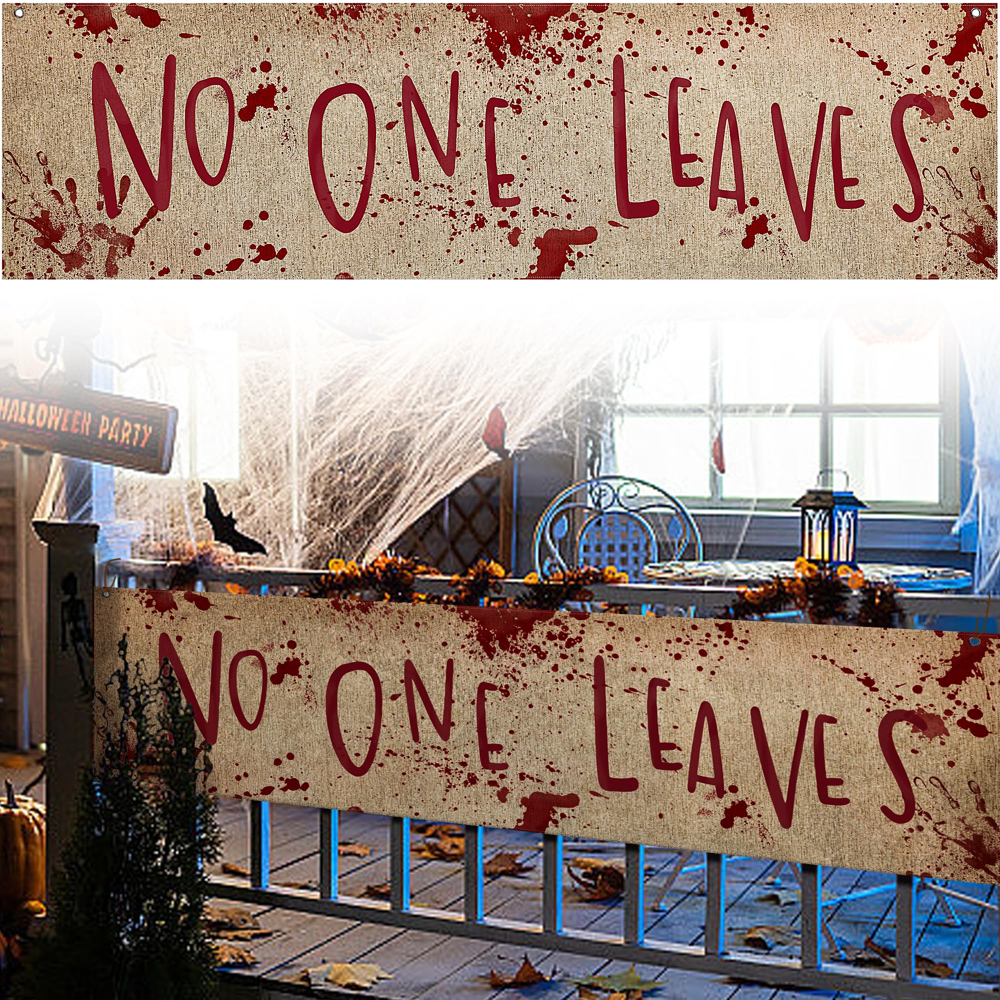 Watayo 71" x 20" Halloween Burlap Banner - 'No One Leaves' Horror Decor for Haunted House, Indoor & Outdoor