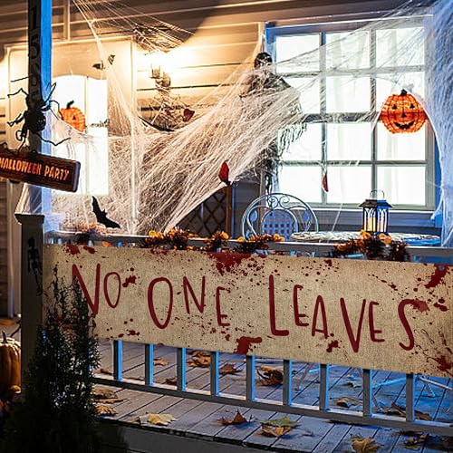 Watayo 71" x 20" Halloween Burlap Banner - 'No One Leaves' Horror Decor for Haunted House, Indoor & Outdoor