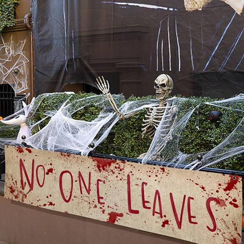 Watayo 71" x 20" Halloween Burlap Banner - 'No One Leaves' Horror Decor for Haunted House, Indoor & Outdoor