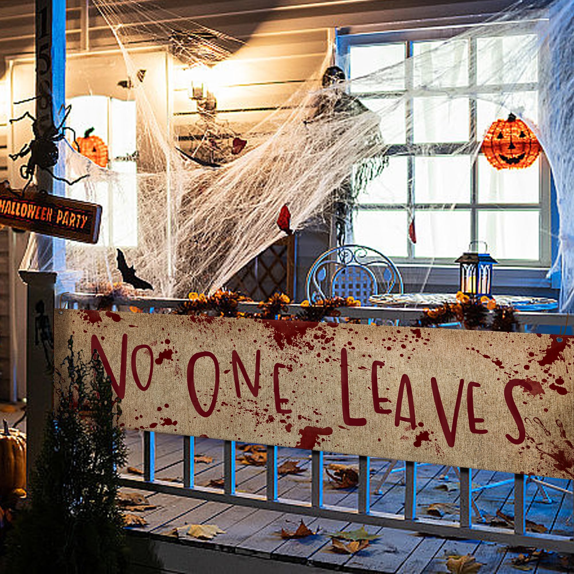 Watayo 71" x 20" Halloween Burlap Banner - 'No One Leaves' Horror Decor for Haunted House, Indoor & Outdoor