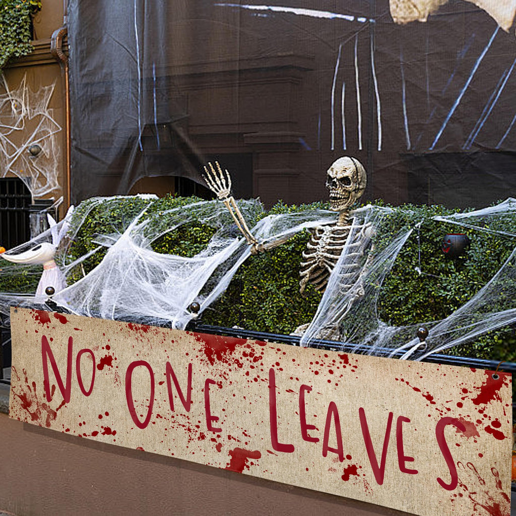 Watayo 71" x 20" Halloween Burlap Banner - 'No One Leaves' Horror Decor for Haunted House, Indoor & Outdoor