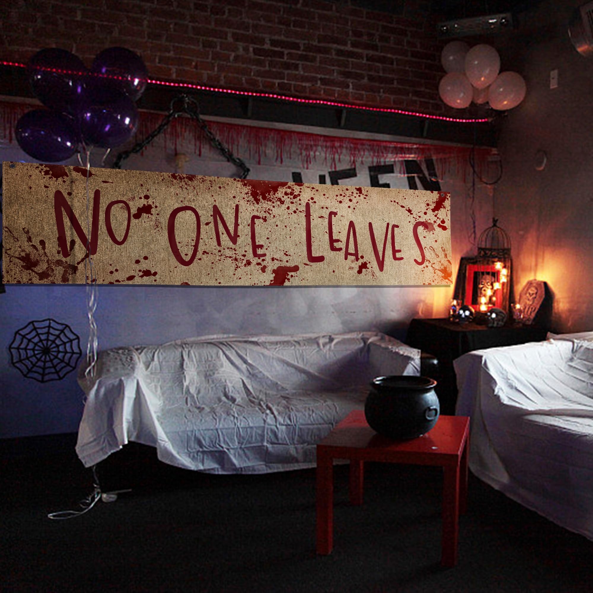 Watayo 71" x 20" Halloween Burlap Banner - 'No One Leaves' Horror Decor for Haunted House, Indoor & Outdoor