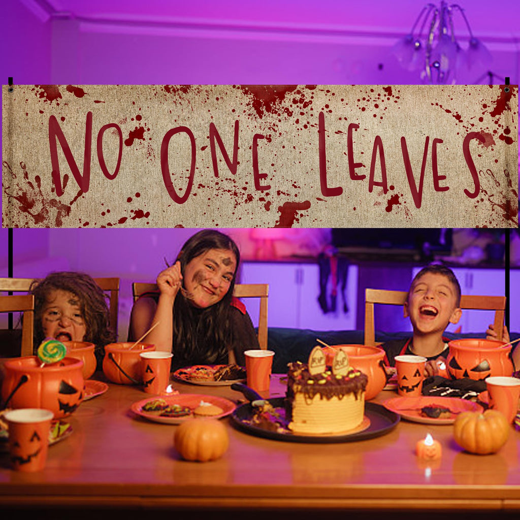 Watayo 71" x 20" Halloween Burlap Banner - 'No One Leaves' Horror Decor for Haunted House, Indoor & Outdoor