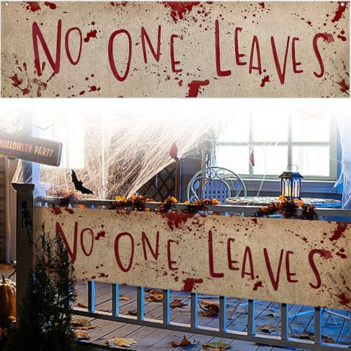 Watayo 71" x 20" Halloween Burlap Banner - 'No One Leaves' Horror Decor for Haunted House, Indoor & Outdoor