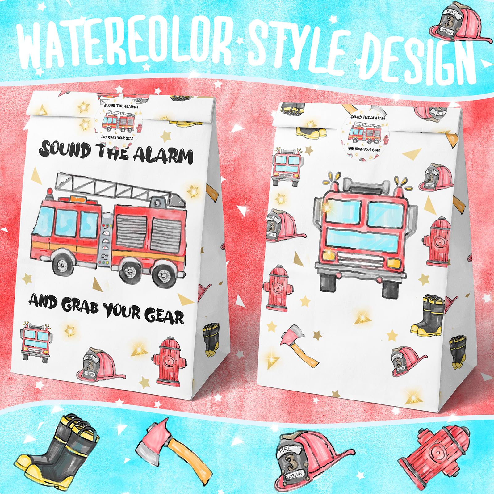 Watercolor Firetruck Party Favor Bags – 24 Pack with Stickers by HaPiBiDesign