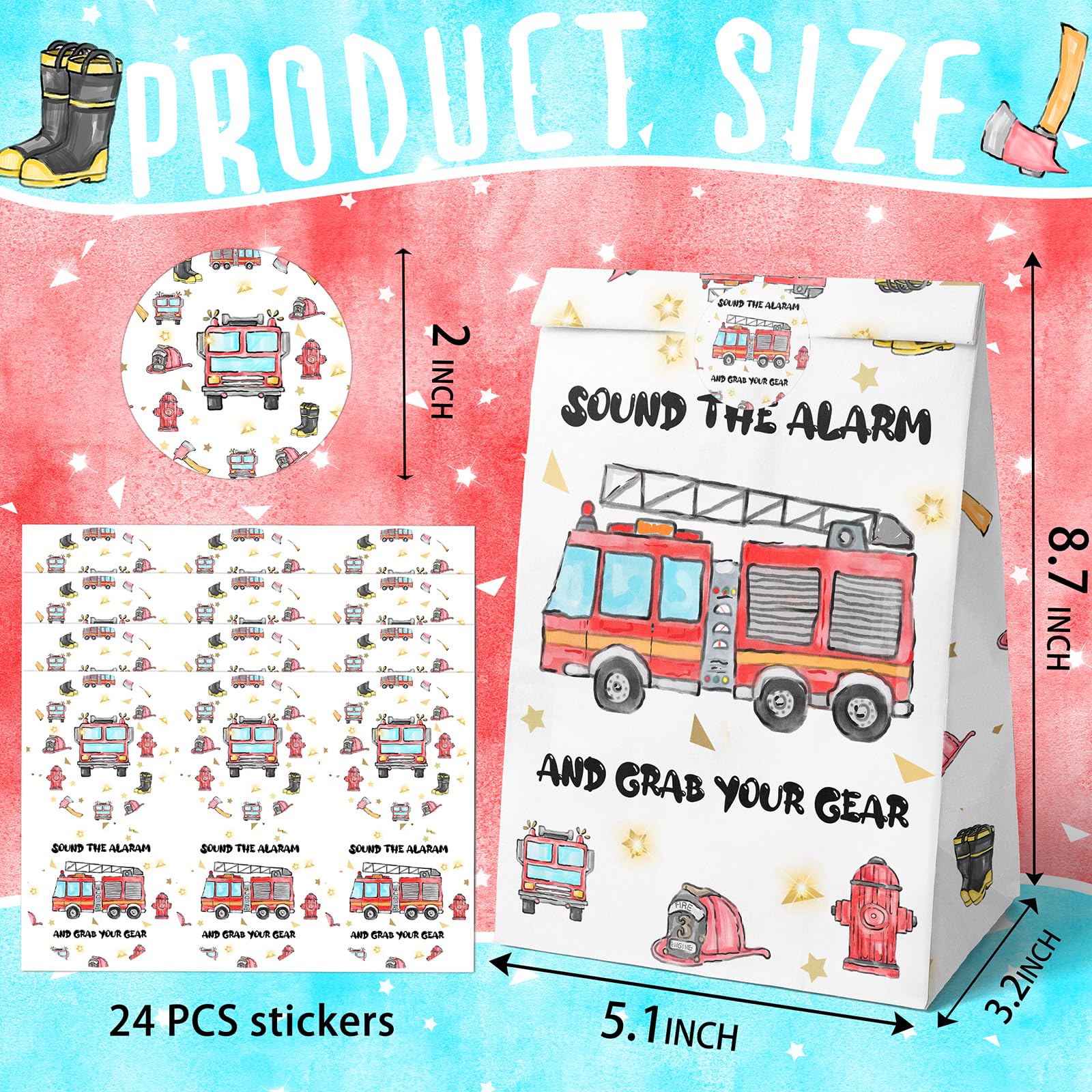 Watercolor Firetruck Party Favor Bags – 24 Pack with Stickers by HaPiBiDesign