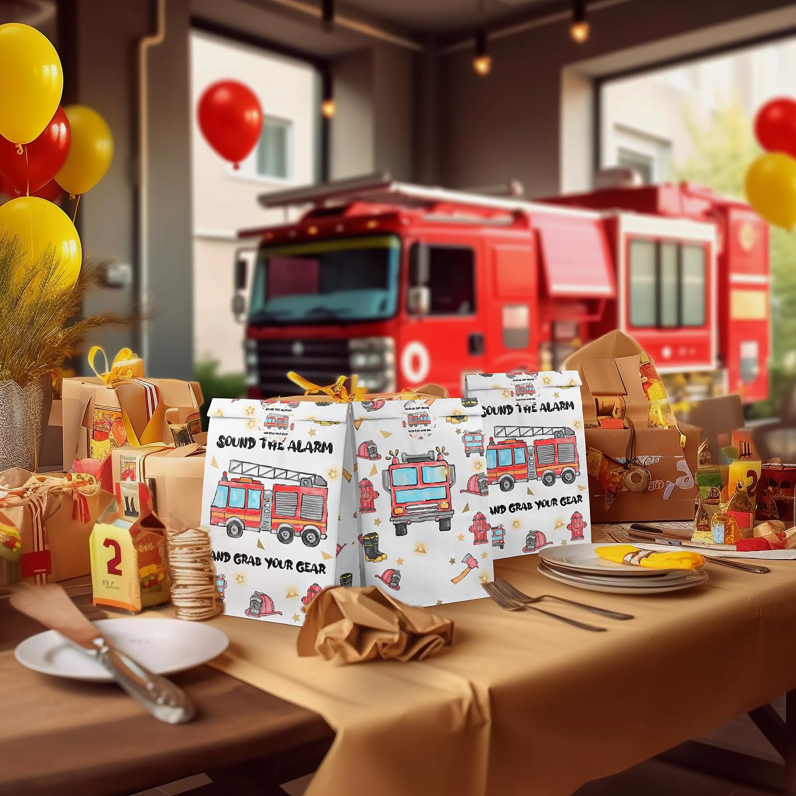 Watercolor Firetruck Party Favor Bags – 24 Pack with Stickers by HaPiBiDesign