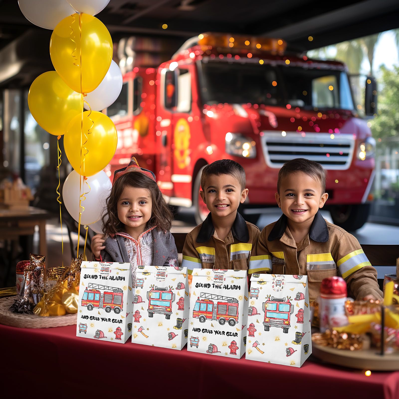 Watercolor Firetruck Party Favor Bags – 24 Pack with Stickers by HaPiBiDesign
