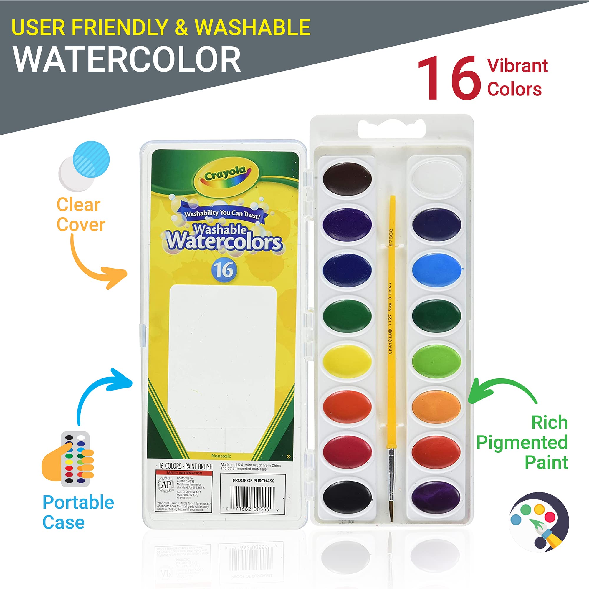 Watercolor Paint Set for Kids - 16 Vivid Colors, Paper Pad & 8 Brushes - Non-Toxic & Washable