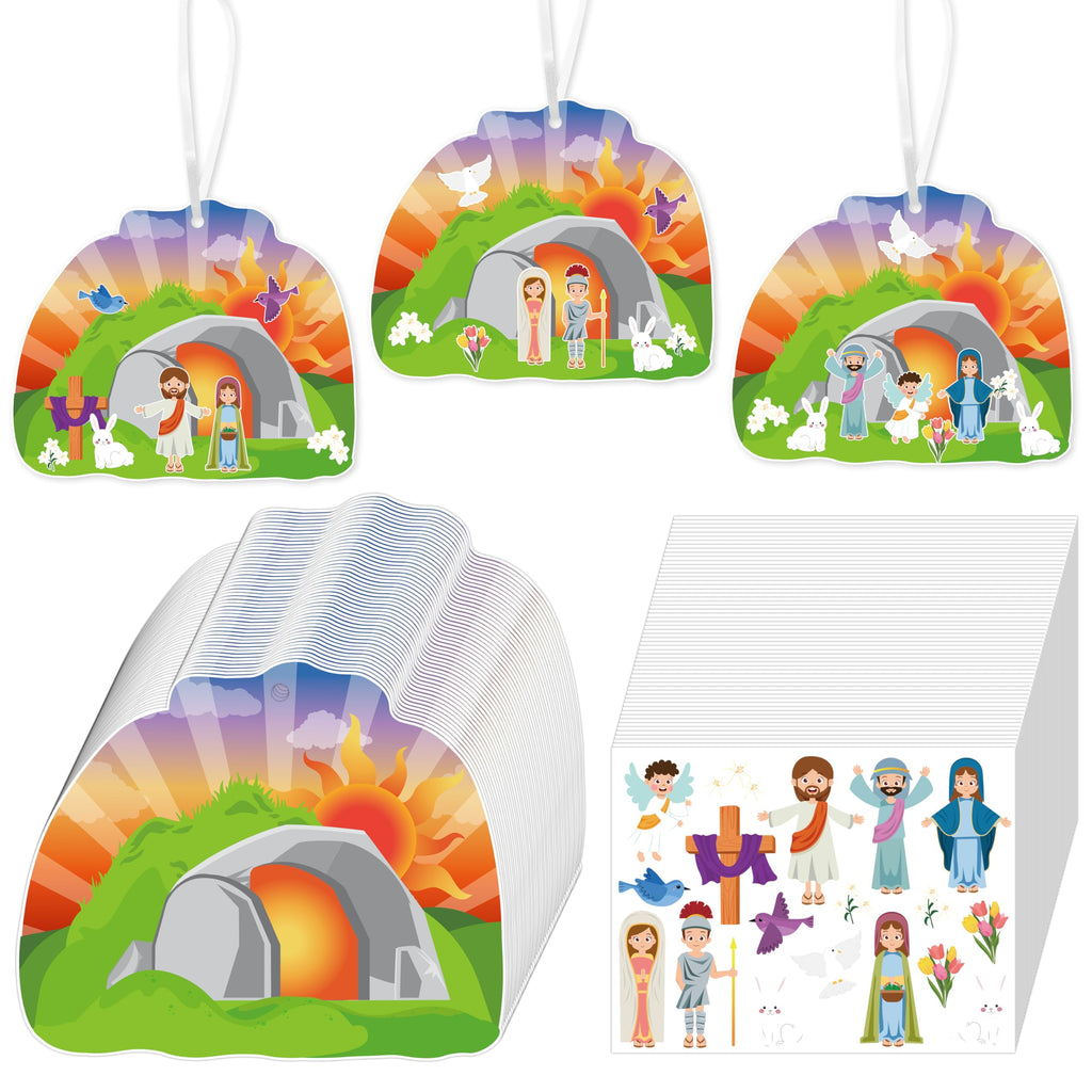 WATINC 40Pcs Easter Resurrection Hanging Ornaments - Religious Craft Kit with Stickers and Cardboard for Kids