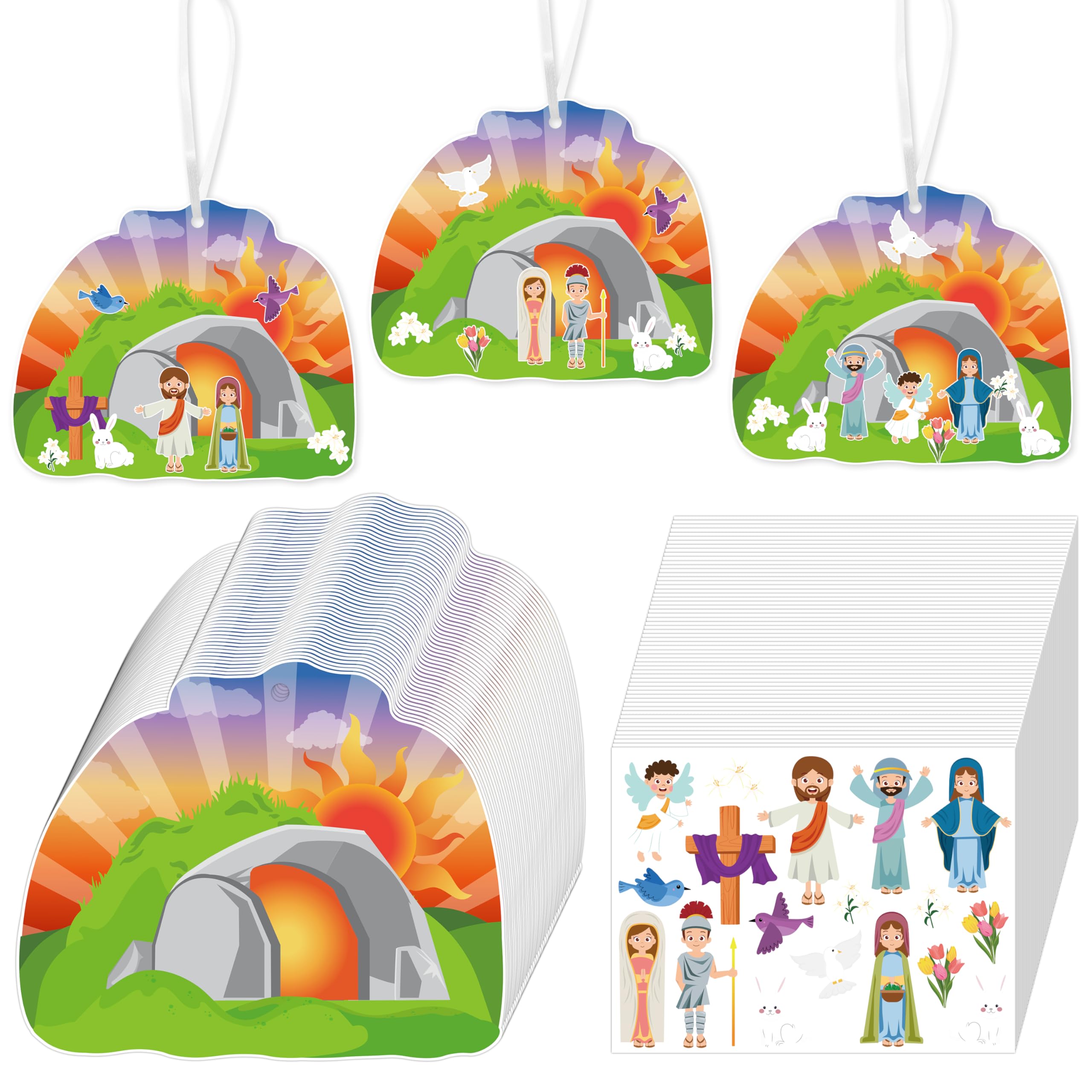 WATINC 40Pcs Easter Resurrection Hanging Ornaments - Religious Craft Kit with Stickers and Cardboard for Kids
