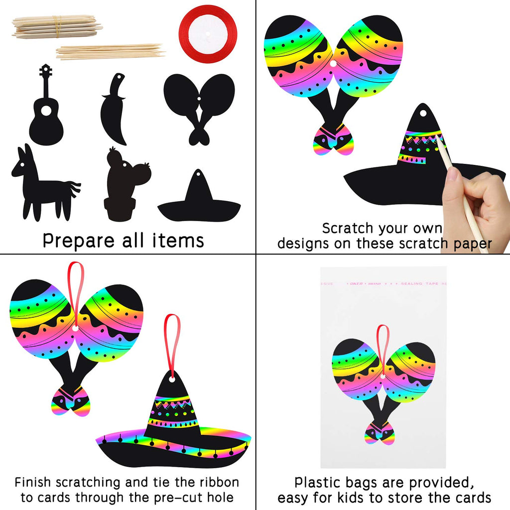 WATINC 60-Piece Mexican Fiesta Scratch Card Art Set - DIY Magic Scratch Paper for Kids & Adults, Cinco De Mayo Party Favors, Classroom Craft Kit