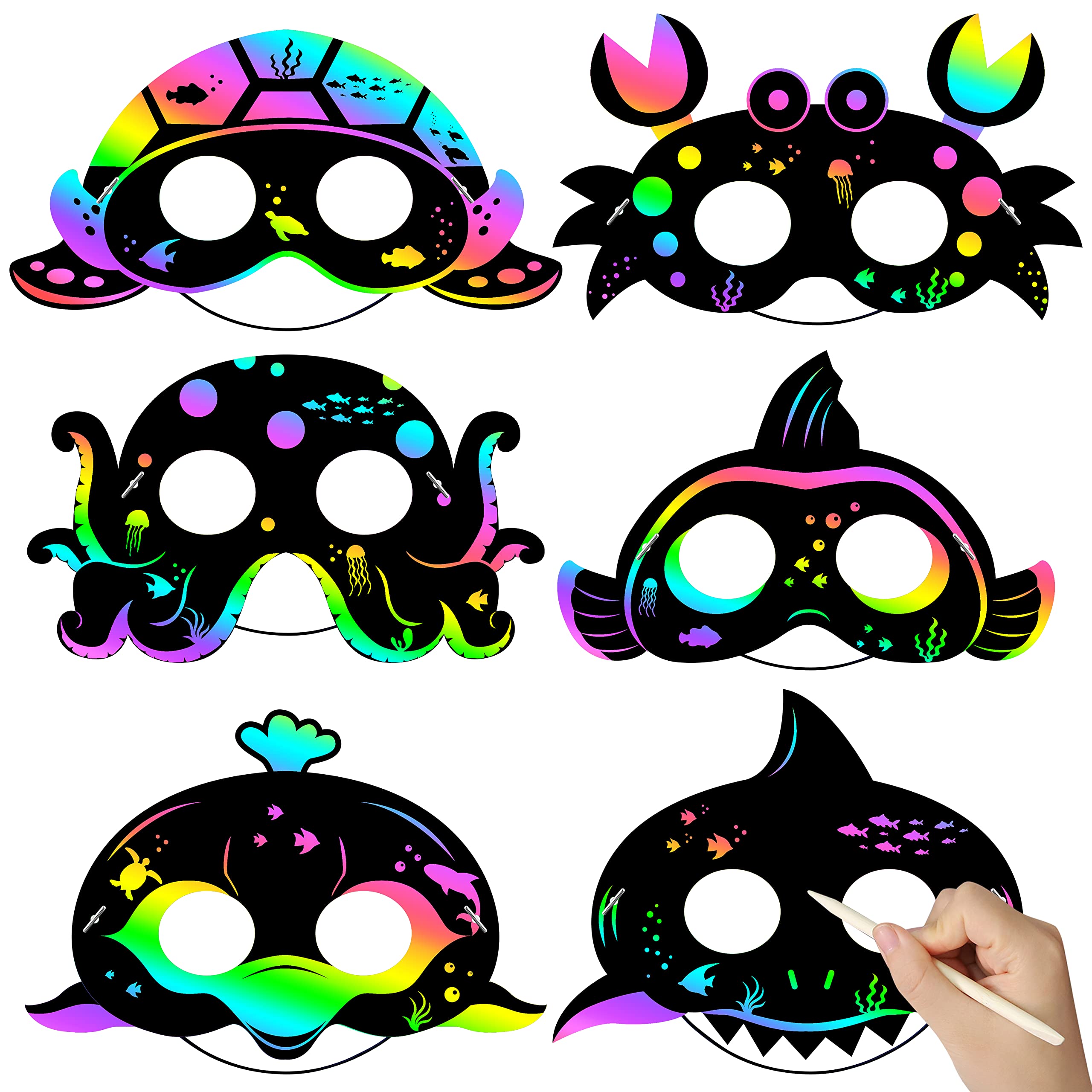 WATINC Ocean Animals Scratch Masks - 30 Pack Under the Sea Scratch Art for Kids with Wooden Sticks and Elastic Bands