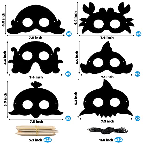 WATINC Ocean Animals Scratch Masks - 30 Pack Under the Sea Scratch Art for Kids with Wooden Sticks and Elastic Bands