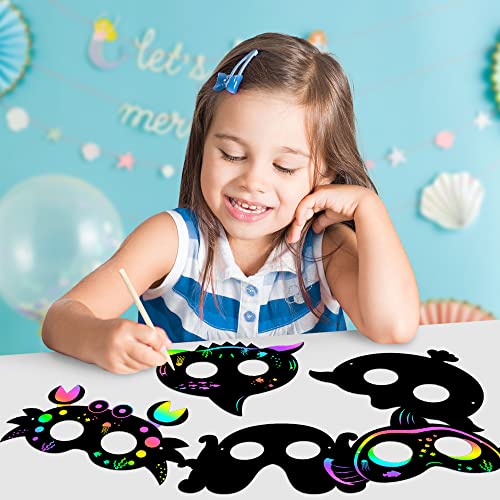 WATINC Ocean Animals Scratch Masks - 30 Pack Under the Sea Scratch Art for Kids with Wooden Sticks and Elastic Bands