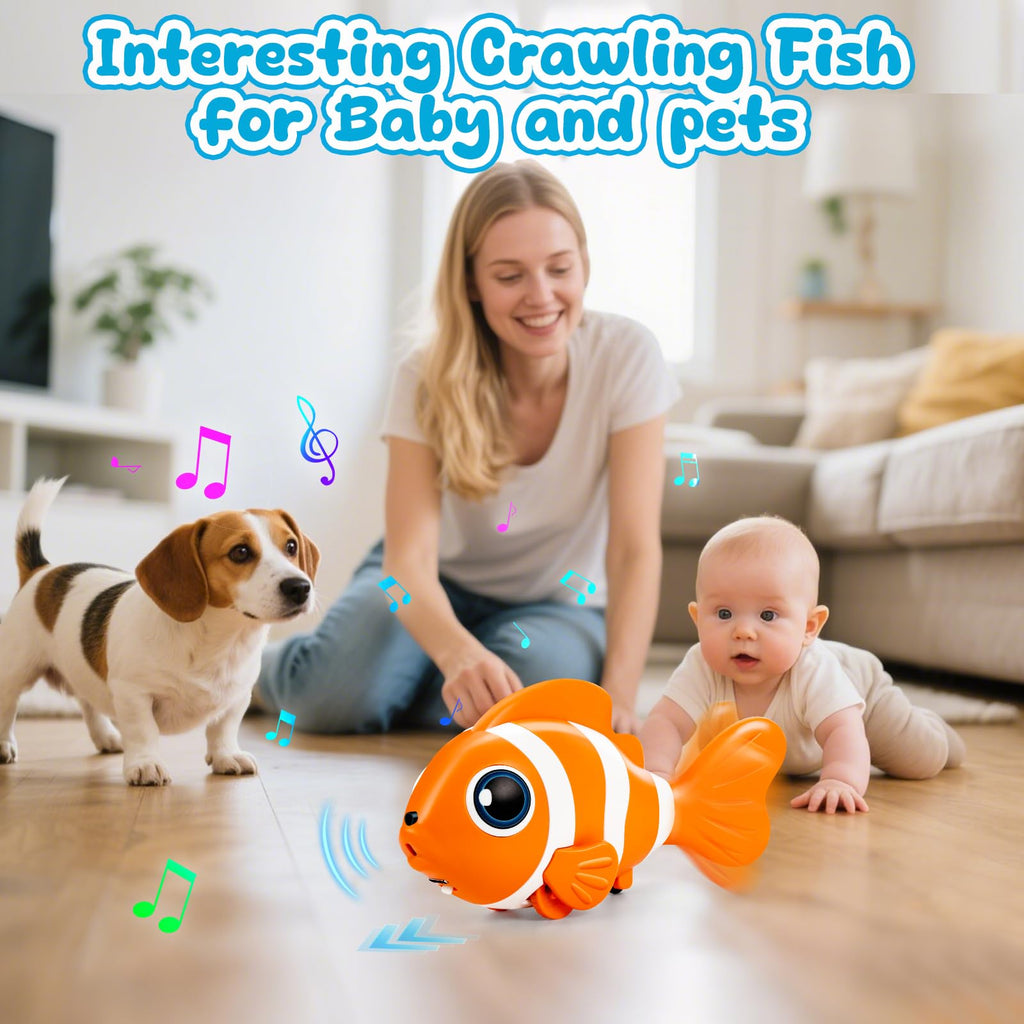 WAVISA Crawling Fish Baby Toy - Musical Tummy Time Toy with Obstacle Avoidance for 6-12 Months