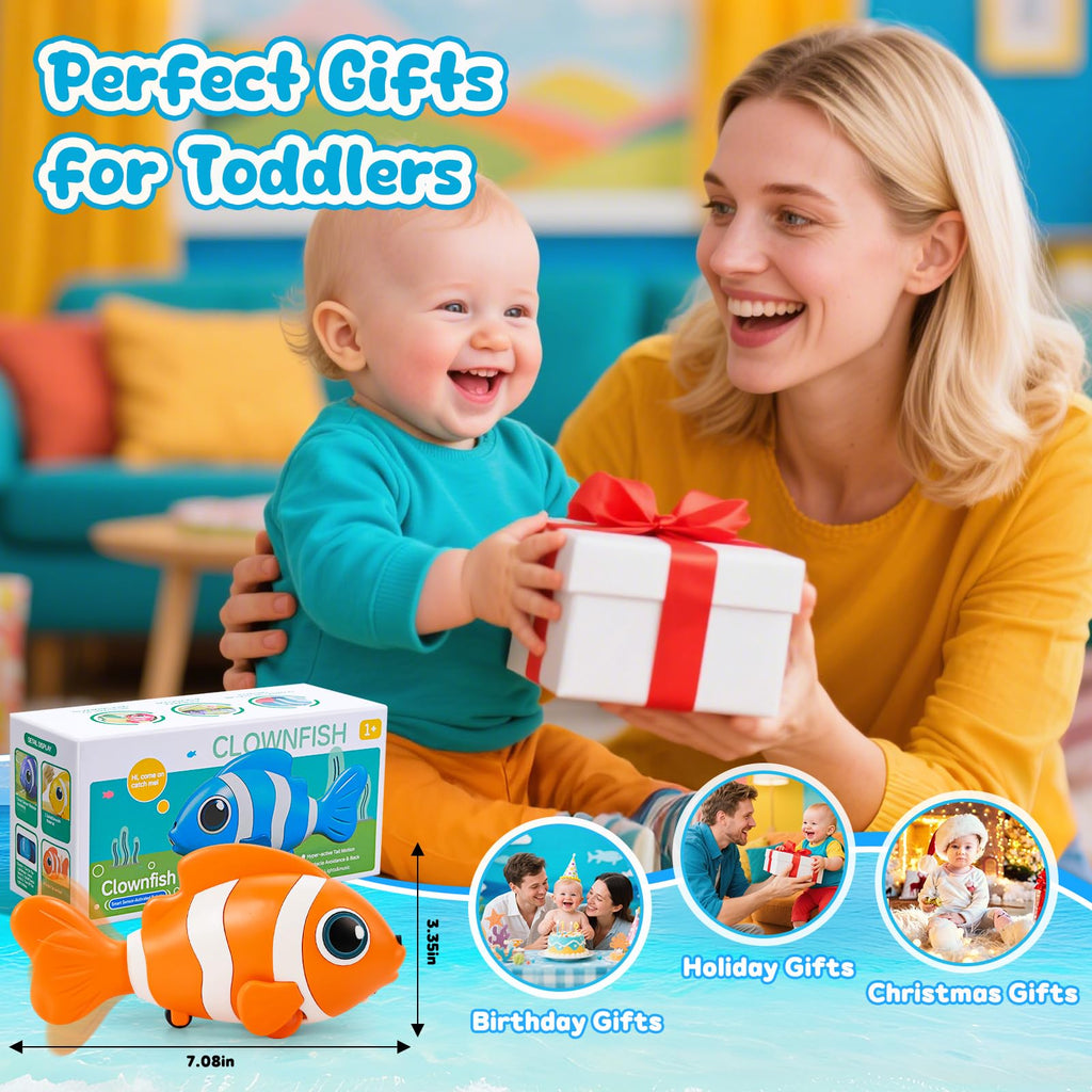 WAVISA Crawling Fish Baby Toy - Musical Tummy Time Toy with Obstacle Avoidance for 6-12 Months