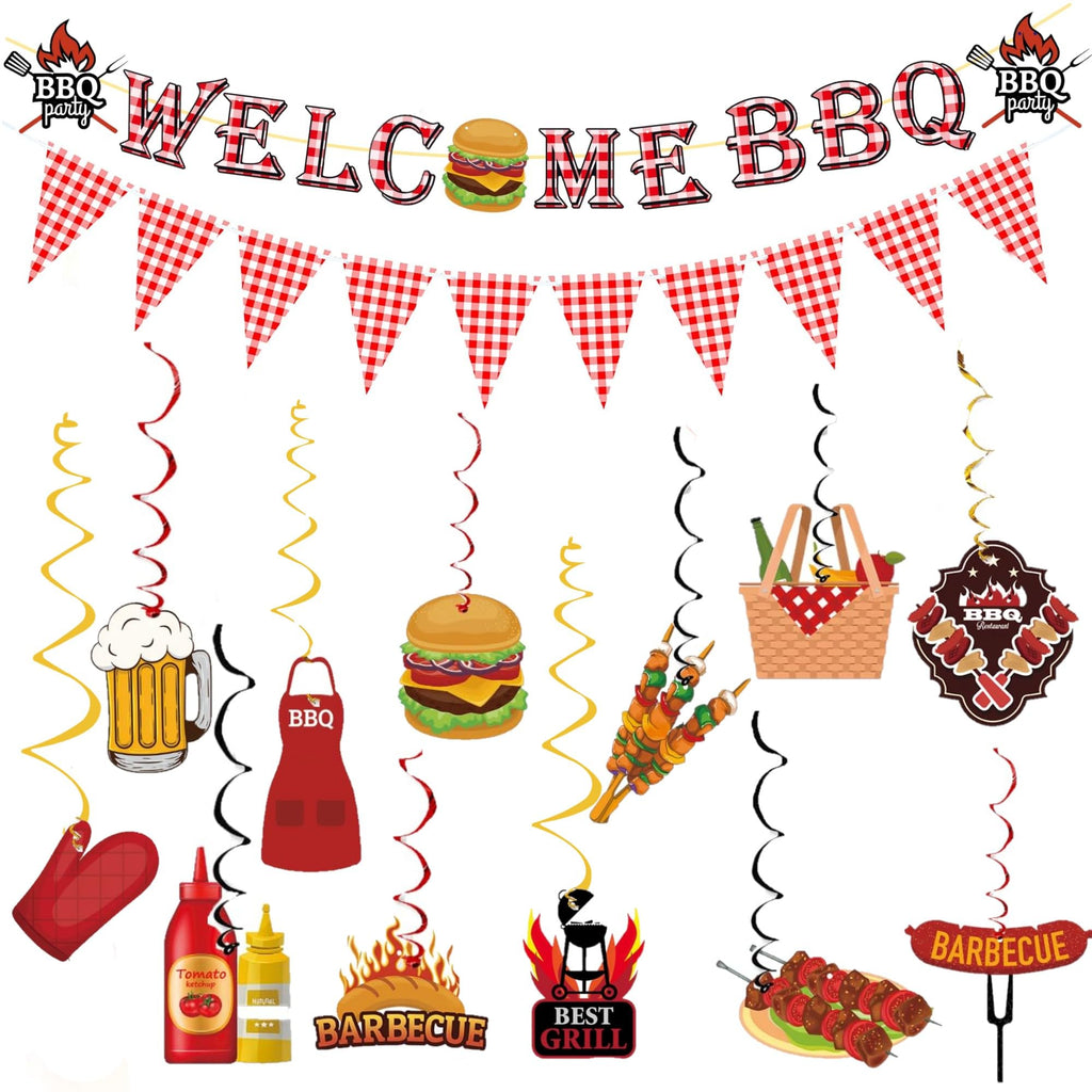 WAWEOOP BBQ Party Decorations Set – Welcome Banner, Checkered Banner, Hanging Swirls, Pre-Strung Cardstock