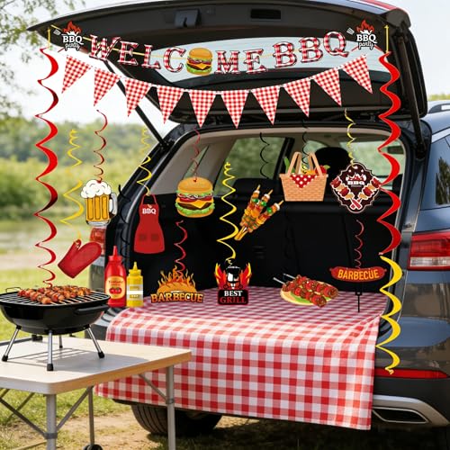 WAWEOOP BBQ Party Decorations Set – Welcome Banner, Checkered Banner, Hanging Swirls, Pre-Strung Cardstock