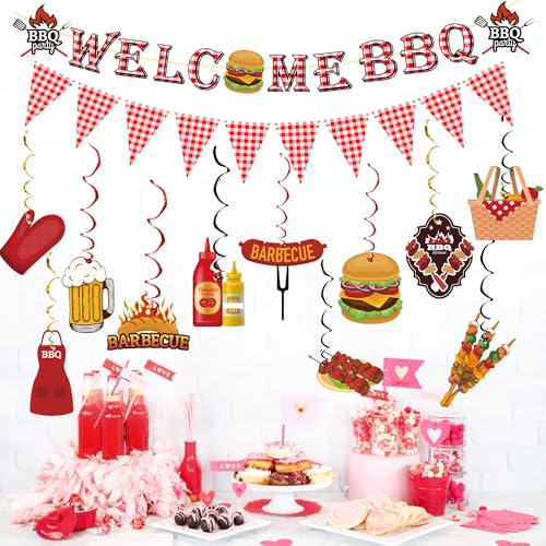 WAWEOOP BBQ Party Decorations Set – Welcome Banner, Checkered Banner, Hanging Swirls, Pre-Strung Cardstock