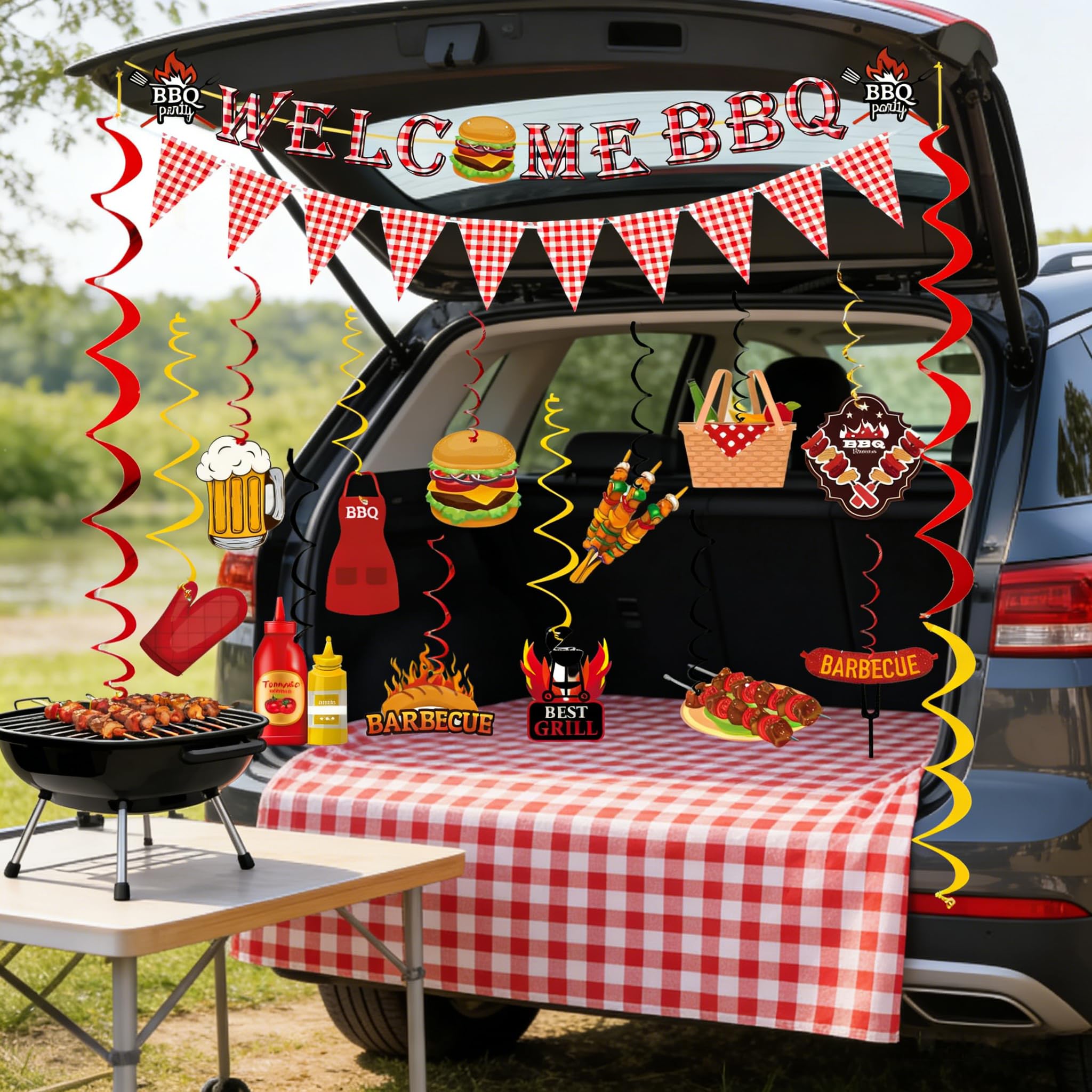 WAWEOOP BBQ Party Decorations Set – Welcome Banner, Checkered Banner, Hanging Swirls, Pre-Strung Cardstock