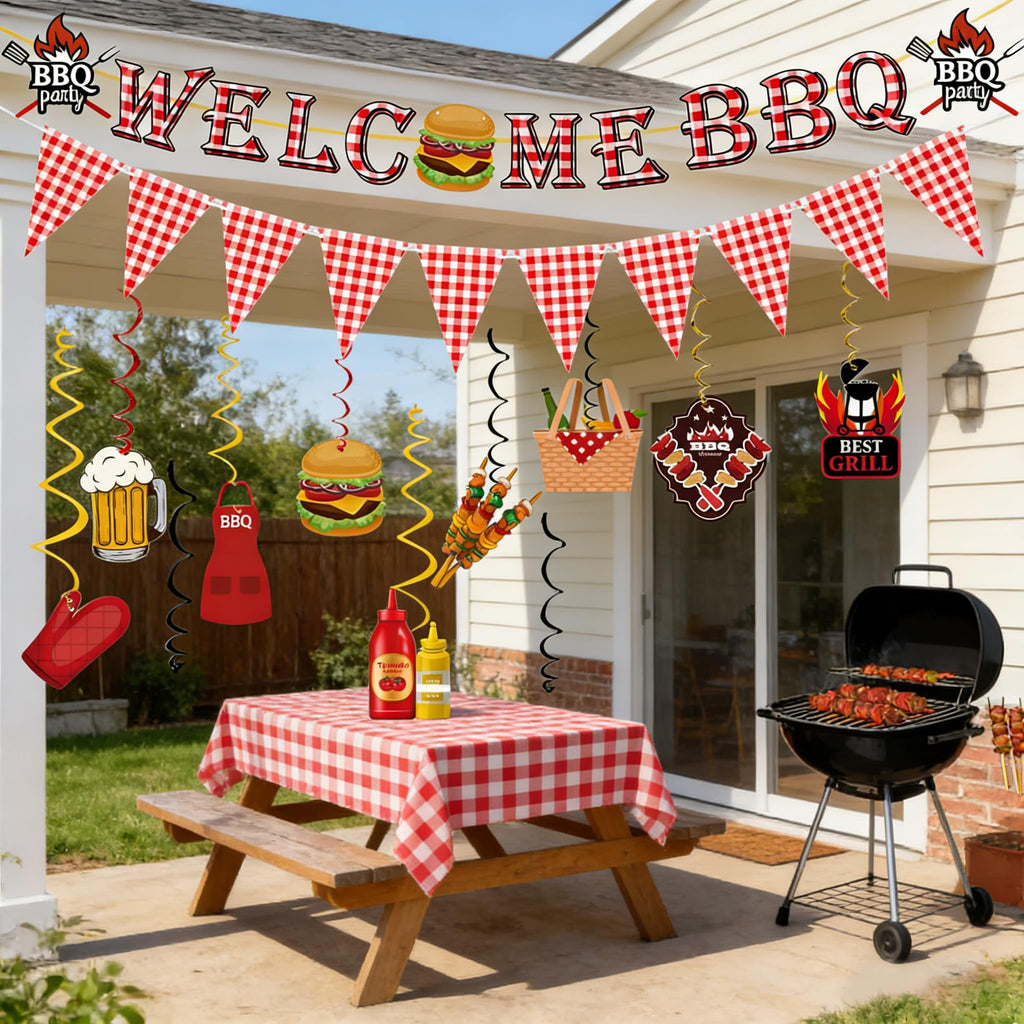 WAWEOOP BBQ Party Decorations Set – Welcome Banner, Checkered Banner, Hanging Swirls, Pre-Strung Cardstock